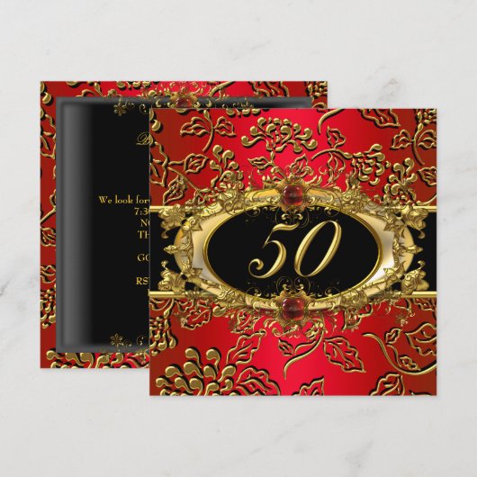 50e verjaardag Damask Red Gold Black Kaart (Voorkant / Achterkant)