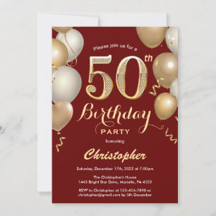 50e verjaardag Dark Red en Gold Balloons Confetti Kaart