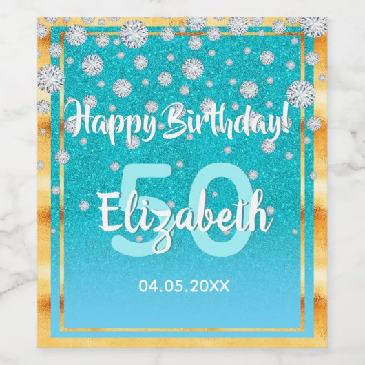 50e verjaardag diamanten glitter blauwgroen blauw wijn etiket (Enkel label)