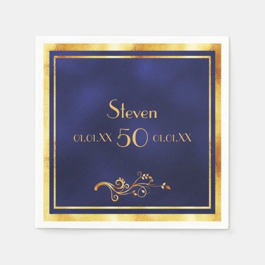 50e verjaardag: elegant blauw en goud servet (Voorkant)