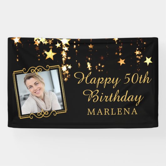 50e verjaardag Elegant Script Gold Stars Foto Spandoek (Horizontaal)