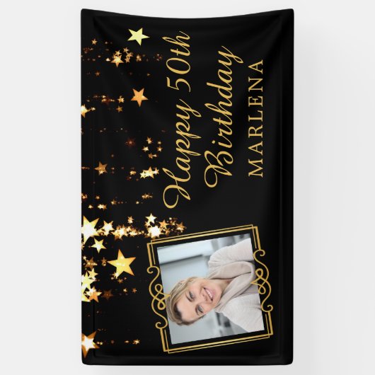 50e verjaardag Elegant Script Gold Stars Foto Spandoek (Verticaal)
