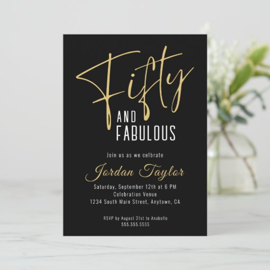 50e verjaardag Elegant Script Zwart & Goud Minimal Kaart (Staand voorkant)