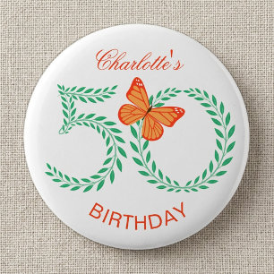 50e Verjaardag Elegante Groene Botanische Vlinder Ronde Button 5,7 Cm