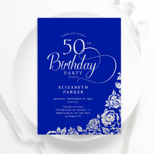 50e verjaardag Elegante Royal Blue Silver Rozen Kaart