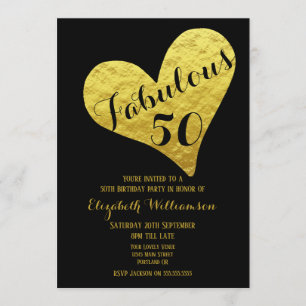 50e verjaardag Fabulous 50 Black Faux Gold Heart Kaart