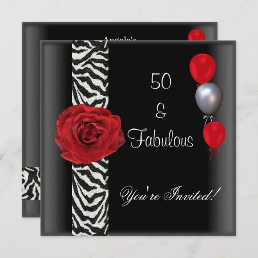 50e Verjaardag Feest Zwart Wit Rood Rose Zebra Kaart (Voorkant / Achterkant)