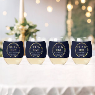 50e verjaardag Fifty and Fine Navy Goud Set van 4 Wijnglas Zonder Voet