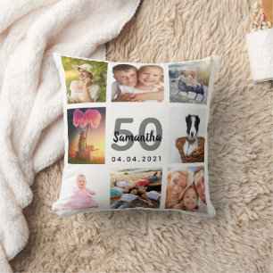 50e verjaardag foto collage vrouw wit kussen