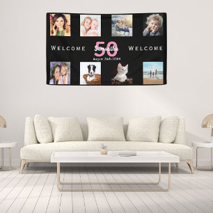 50e verjaardag foto collage vrouw zwart spandoek