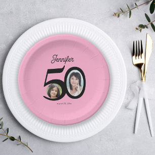 50e verjaardag foto naam gepersonaliseerd roze zwa papieren bordje