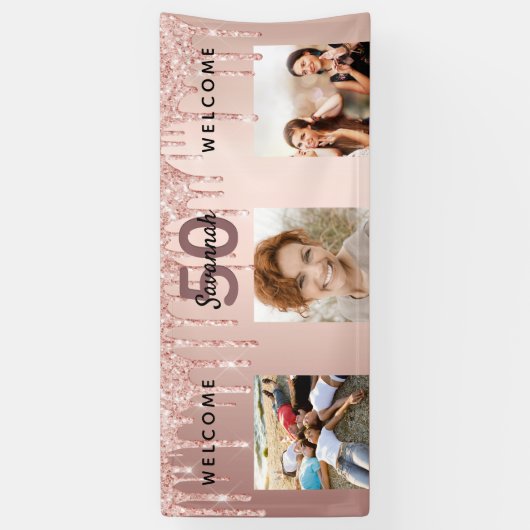 50e verjaardag foto roos gouden druppels spandoek (Verticaal)