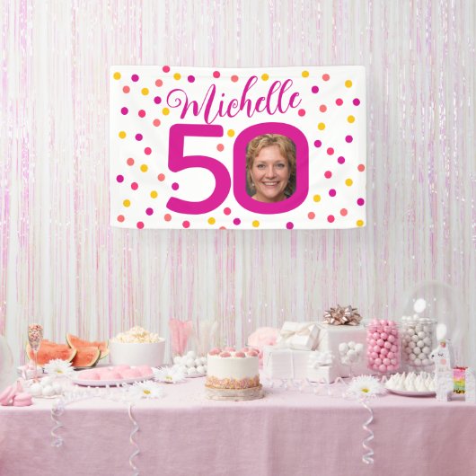 50e verjaardag foto roze gele confetti stippen spandoek (Feest)