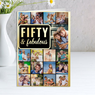 50e verjaardag fotocollage zwart en goud folie wenskaart
