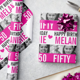 50e verjaardag foto's roze zwarte witte streep cadeaupapier