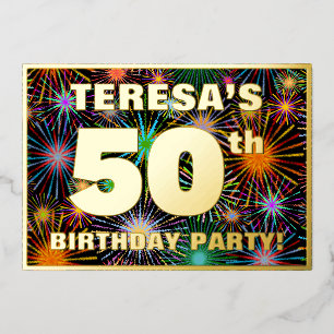 50e verjaardag — Fun, kleurrijke Fireworks look Folie Uitnodiging