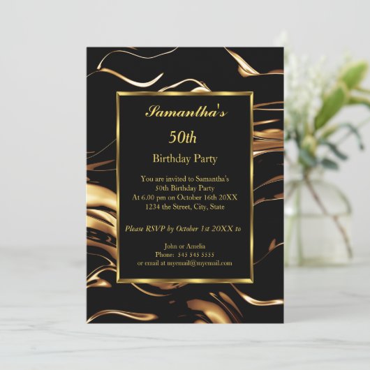 50e verjaardag Gold Black Abstracte uitnodiging (Staand voorkant)