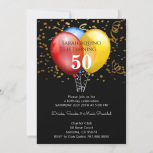 50e verjaardag Gold Confetti & ballonnen op zwart Kaart