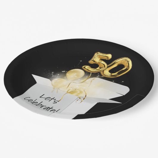 50e verjaardag goudballonnen in witte doos papieren bordje (Gekanteld)