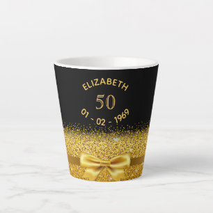 50e verjaardag gouden boog zwarte naam sparkle age latte mok