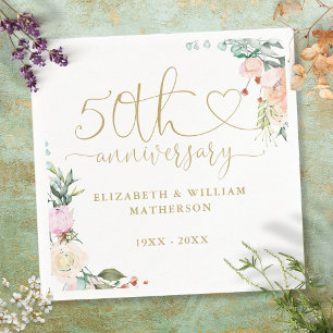 50e verjaardag Gouden Hartrozen Bloemen Servet
