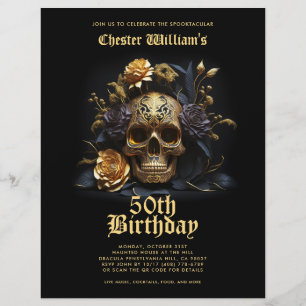 50E VERJAARDAG GOUDEN SCHEDEL ROZEN HALLOWEEN PART FLYER