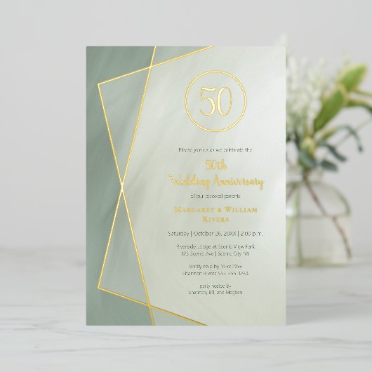 50e verjaardag grayed jade met goud folie uitnodiging (Staand Voorkant)