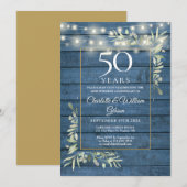 50e verjaardag groene slingerlichtjes blauwe houte kaart (Voorkant / Achterkant)