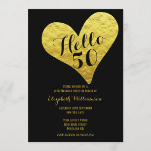 50e verjaardag Hallo 50 zwart Faux Gold Heart Kaart