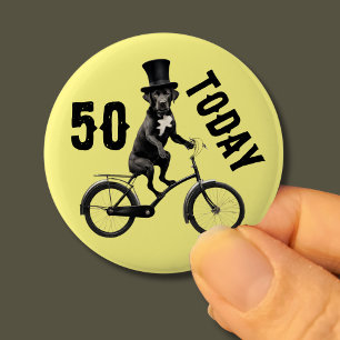 50e verjaardag Hond op een fiets 50 jaar oud Ronde Button 5,7 Cm