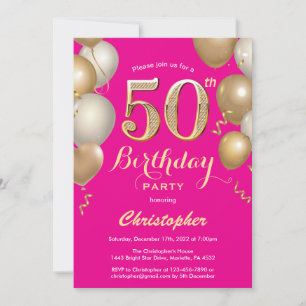 50e verjaardag Hot Pink en Gold Balloons Confetti Kaart