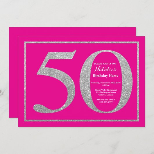 50e verjaardag Hot Pink en Silver Glitter Kaart (Voorkant / Achterkant)