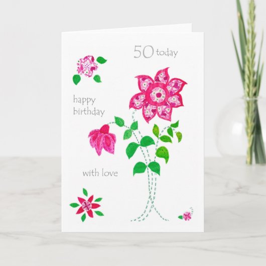 50e verjaardag Kaart - Roze bloemen (Voorkant)