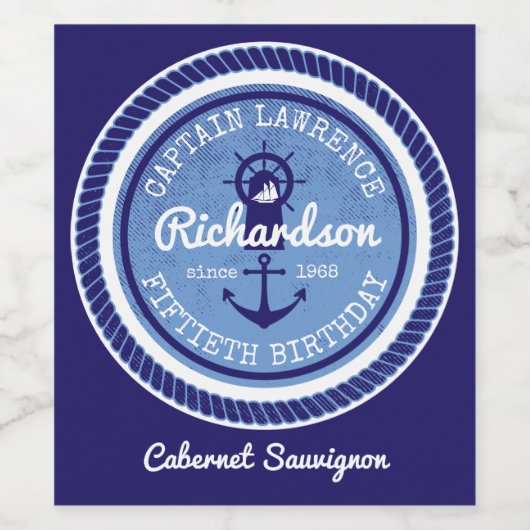 50e verjaardag Kapitein Nautical Rope Anker Helm Wijn Etiket (Enkel label)