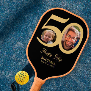 50e verjaardag Keepsake Zwart Goud 2 foto's Naam Pickleball Paddle
