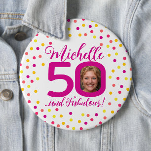 50e verjaardag kleurrijke roze gele confetti foto ronde button 6,0 cm
