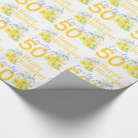 50e verjaardag lente bloem kunst genaamd cadeauoms cadeaupapier (Hoek)