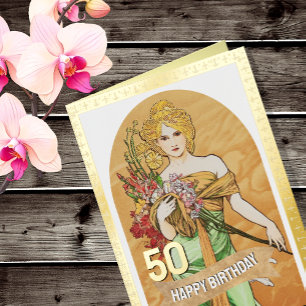 50e Verjaardag, Lentegodin, Mucha, Vintage Kunst Folie Wenskaart