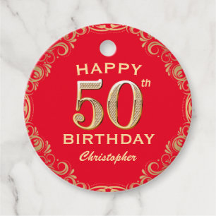 50e verjaardag Lijst van Red en Gold Glitter Bedankjes Labels