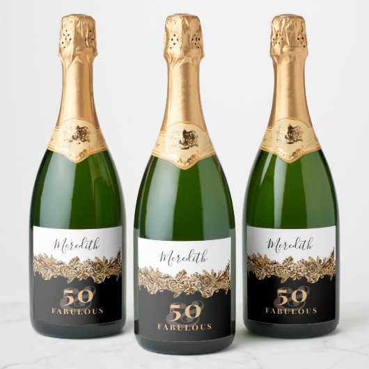 50e verjaardag Luxe Gouden Bloemen Elegant Klasse Sparkling Wijnetiket (Flessen)