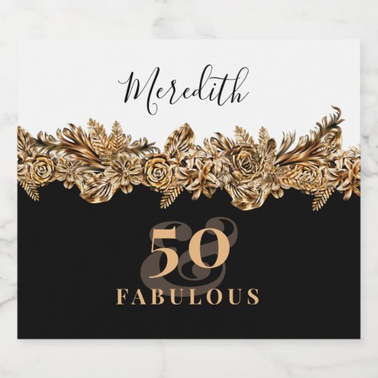 50e verjaardag Luxe Gouden Bloemen Elegant Klasse Sparkling Wijnetiket (Enkel label)