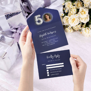 50e Verjaardag marine blauw zilver foto rsvp All In One Uitnodiging