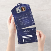 50e Verjaardag marine blauwe foto zilveren sterren All In One Uitnodiging (Afscheurbaar)