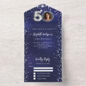 50e Verjaardag marine blauwe foto zilveren sterren All In One Uitnodiging (Binnen)