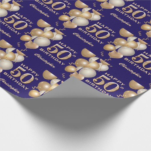 50e verjaardag marineblauw en goudballonnen cadeaupapier (Hoek)