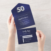 50e verjaardag marineblauw zilver rsvp all in one uitnodiging (Afscheurbaar)