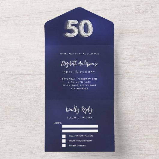 50e verjaardag marineblauw zilver rsvp all in one uitnodiging (Binnen)