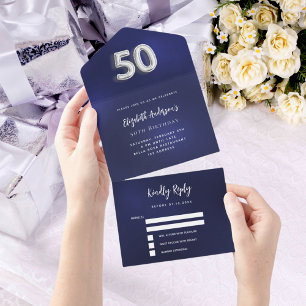 50e verjaardag marineblauw zilver rsvp all in one uitnodiging