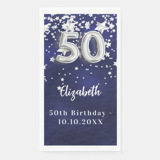 50e verjaardag marineblauw zilveren sterren servet (Voorkant)