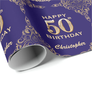 50e verjaardag marinenblauw en goudglitter Lijst Cadeaupapier